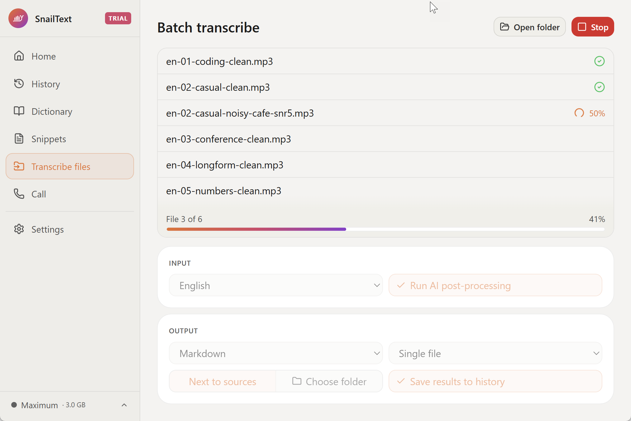 SnailText transcribing a batch of audio files with per-file progress and an overall progress bar.