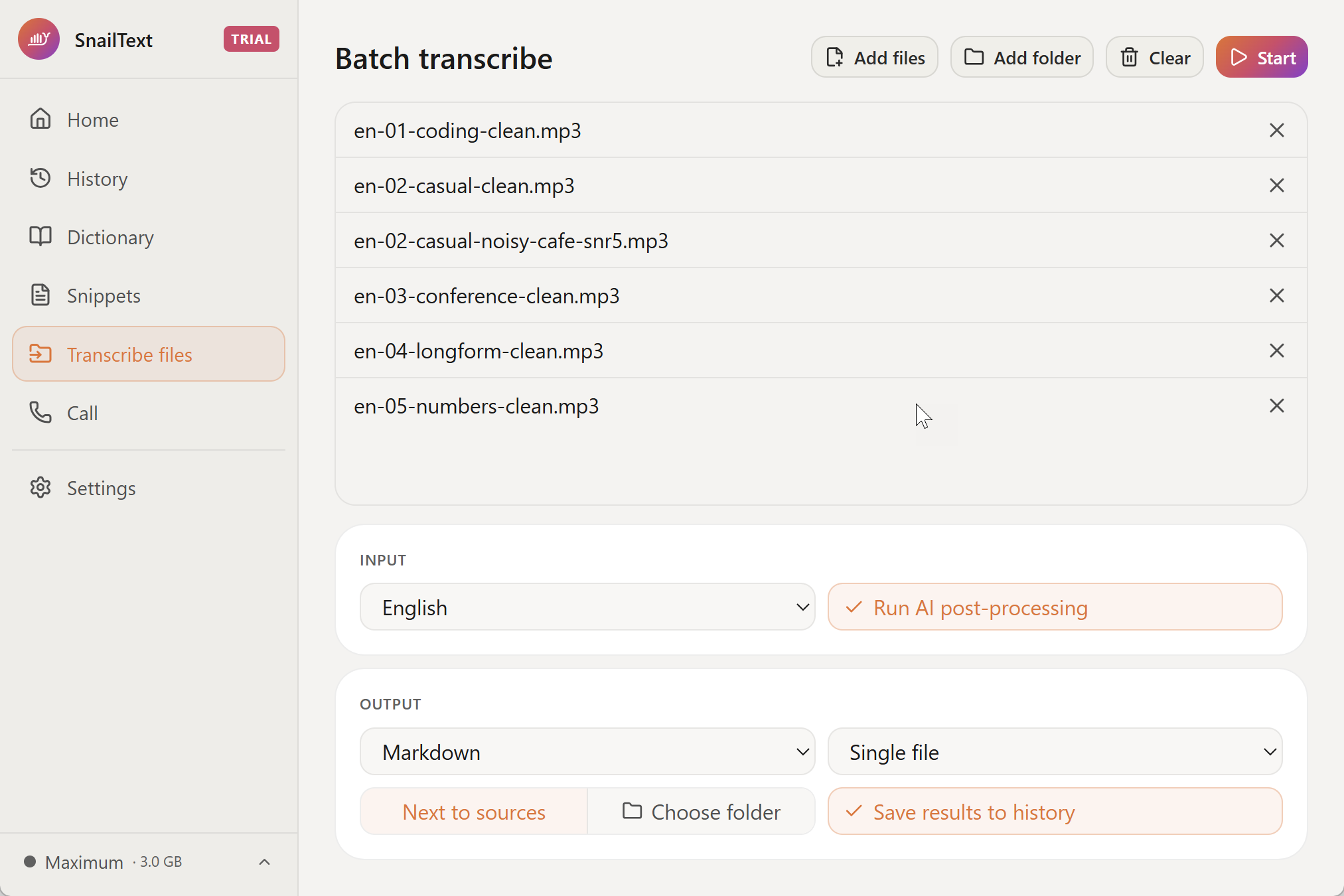 A queue of six MP3 audio files loaded into SnailText, ready to transcribe to text.