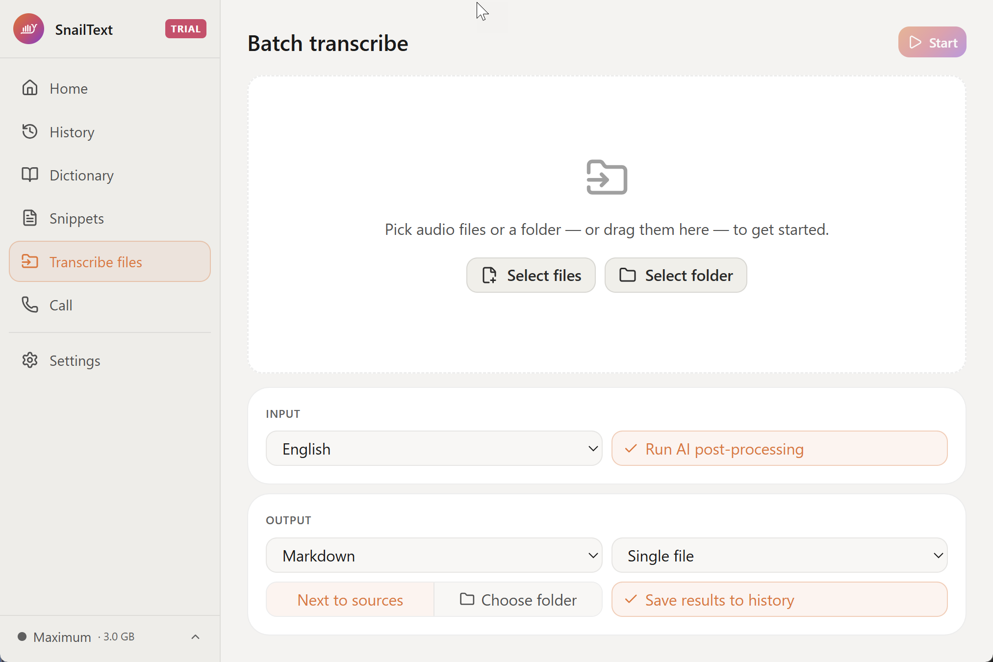 SnailText Transcribe files screen: drop audio files or a folder, pick the language and output format, all on your machine.