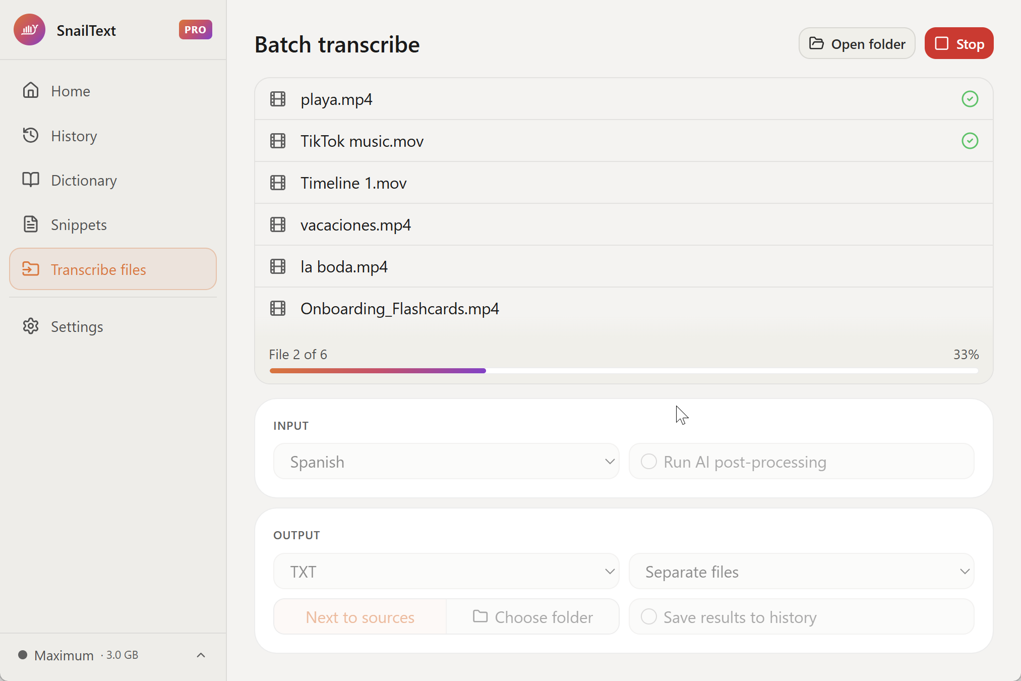 SnailText transcribing a batch of video files, showing per-file progress and an overall "File 2 of 6" bar.