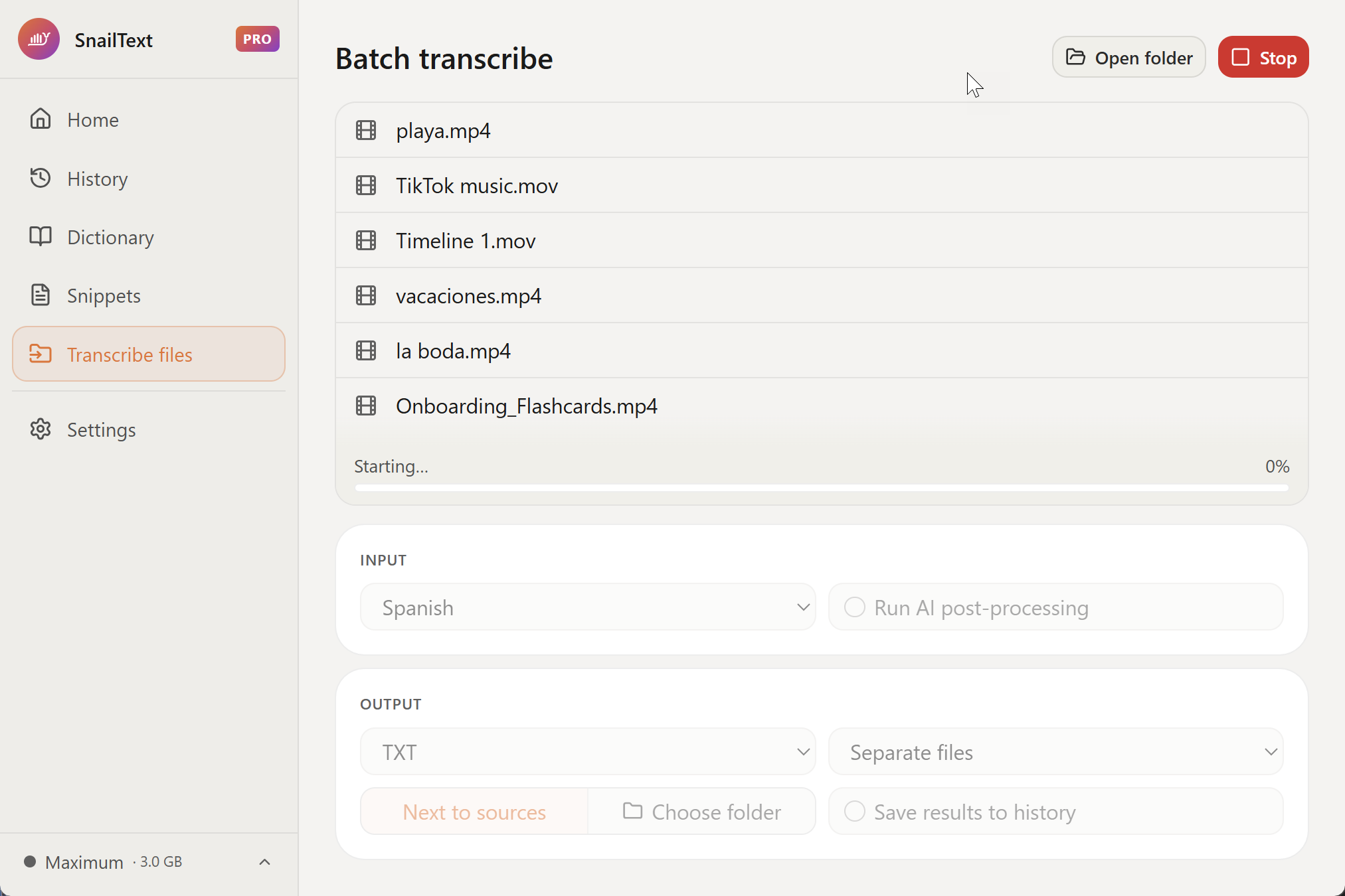 A queue of video files (MP4 and MOV) loaded into SnailText, ready to transcribe to text.